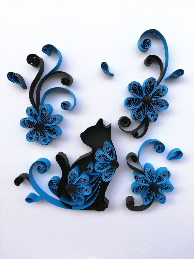 ペーパークイリングで『黒猫と青い花』 | ポポクラフト